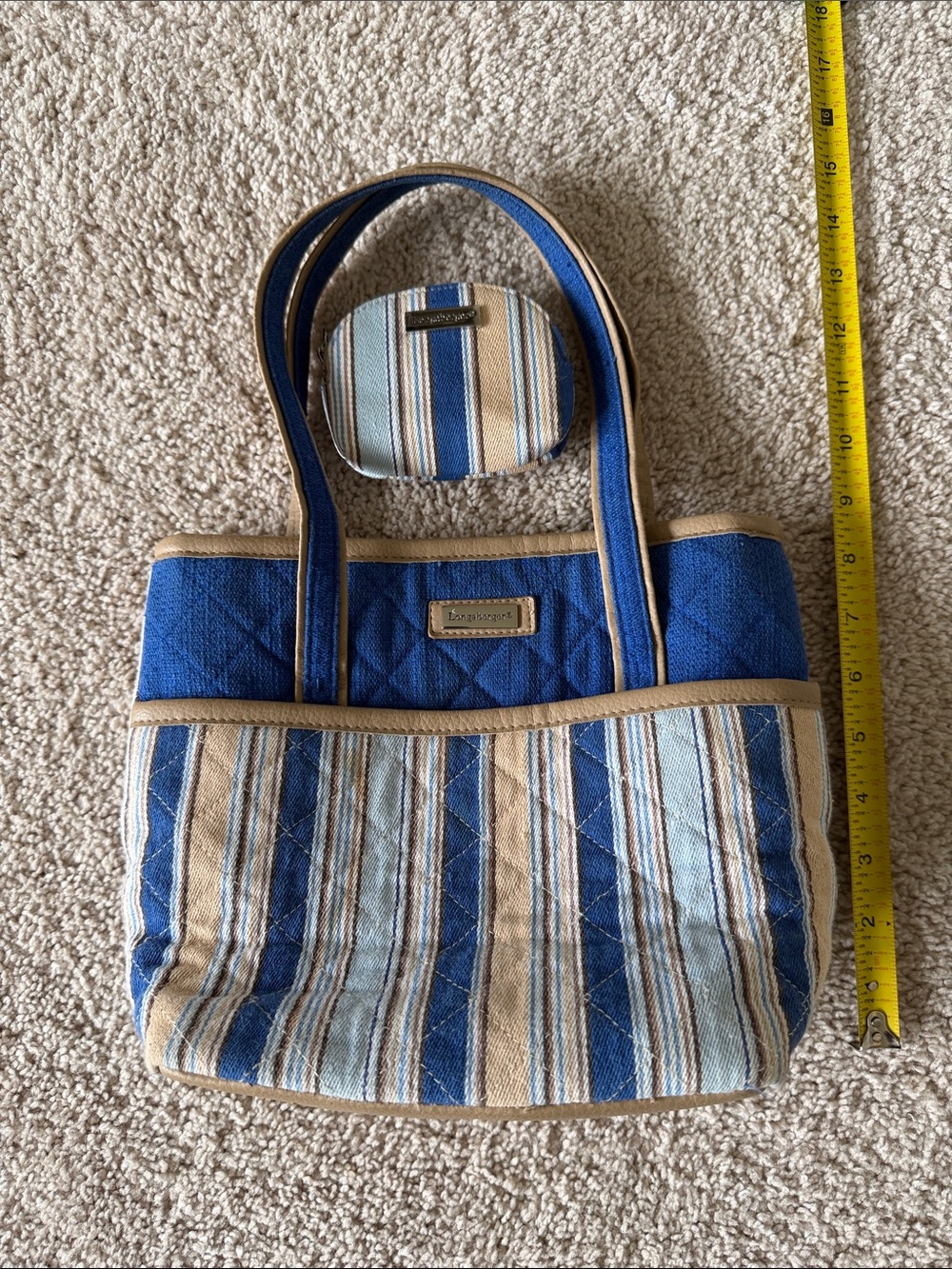 Longaberger Blue and Tan Striped Quilted Tote with Coin Pouch